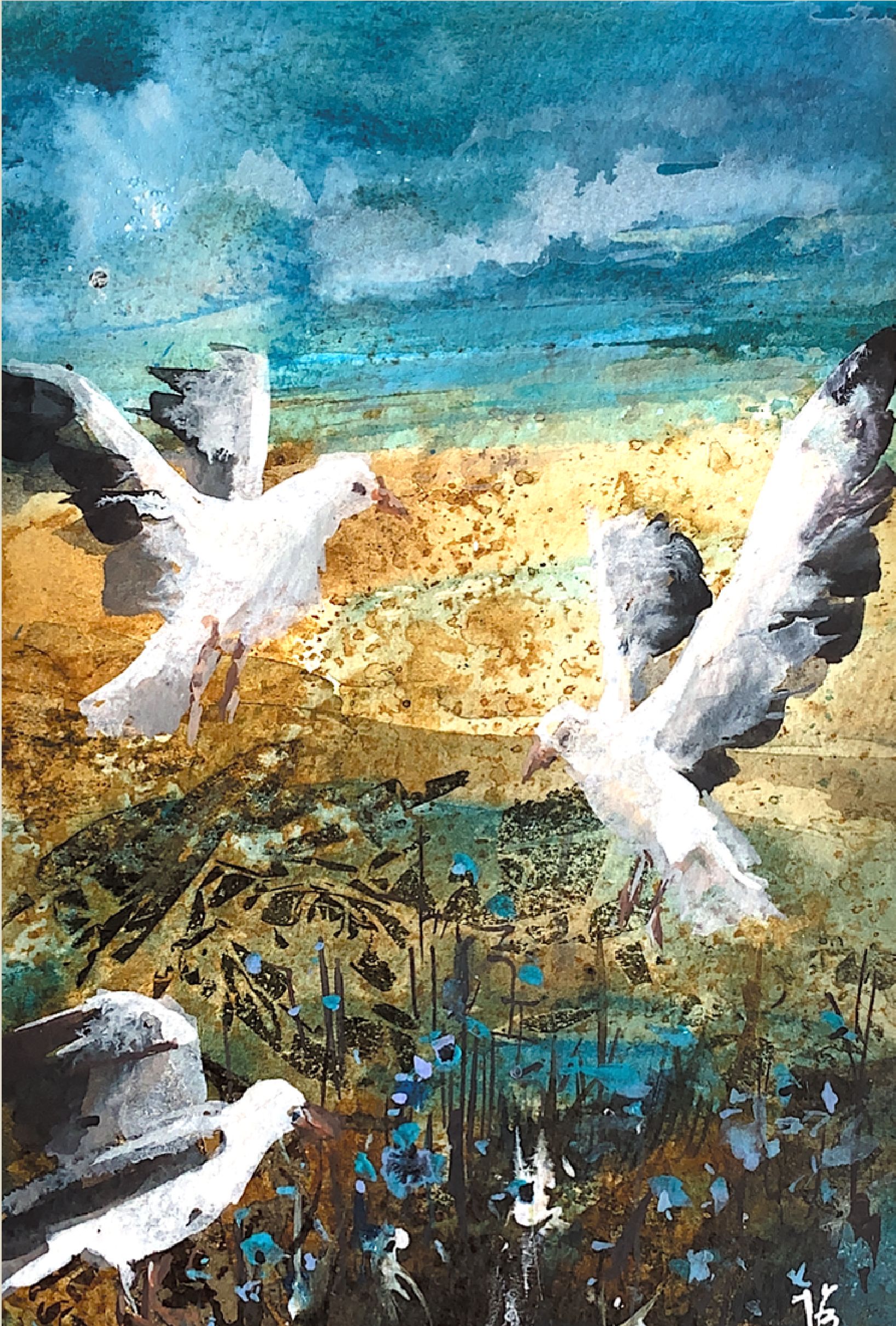 "Seagulls, South Coast" — coastal watercolour painting with seagulls. Ukrainian artist Viktoriia Bezugla