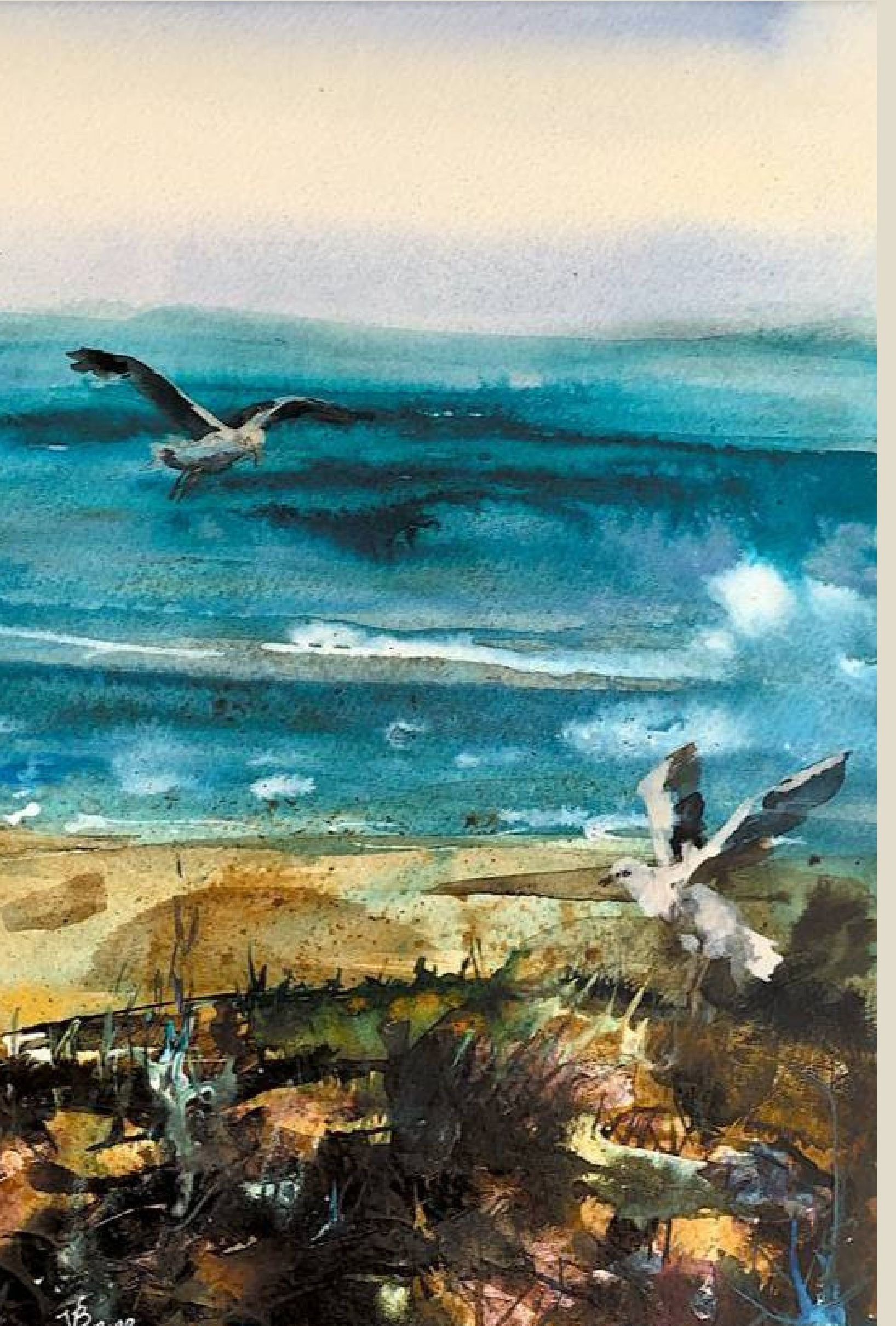 "Seagulls, South Coast II" — coastal watercolour painting with seagulls. Ukrainian artist Viktoriia Bezugla