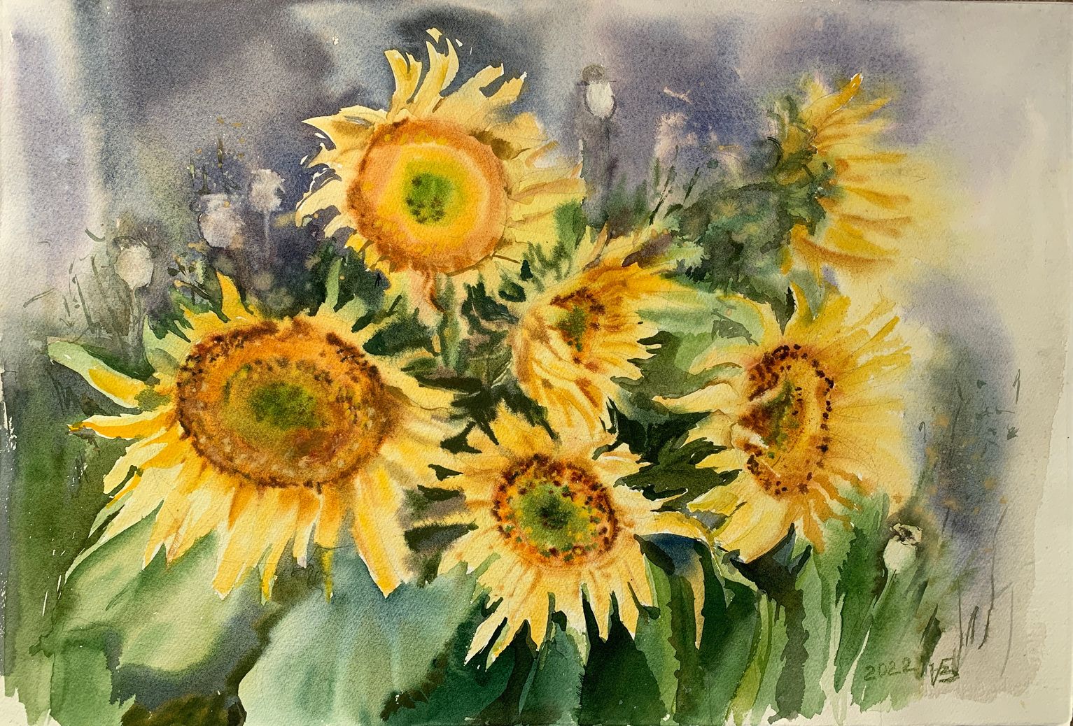 "Sunflower Study" — watercolour painting of sunflowers. Ukrainian artist Viktoriia Bezugla