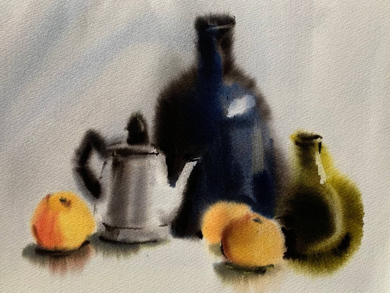 "Still Life with a Bottle" — still life watercolour painting. Ukrainian artist Viktoriia Bezugla