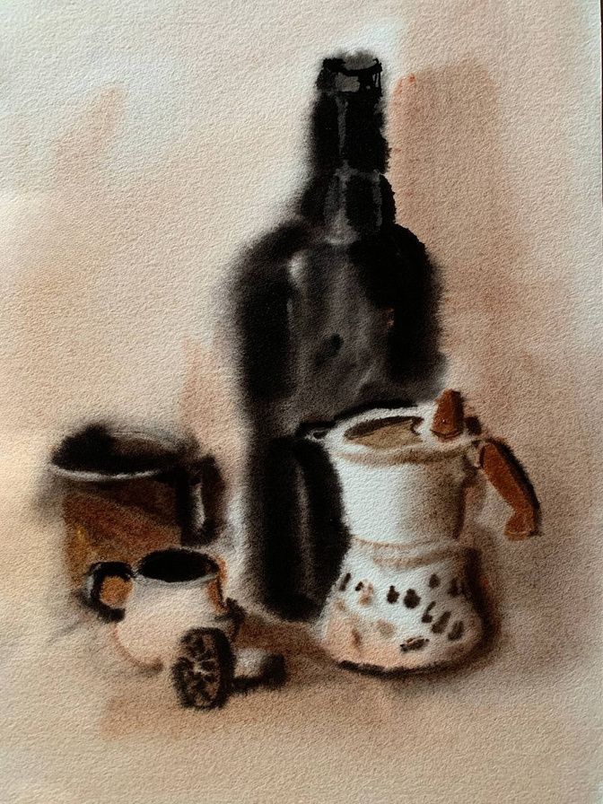 "Still Life with a Bottle II" — still life watercolour painting. Ukrainian artist Viktoriia Bezugla