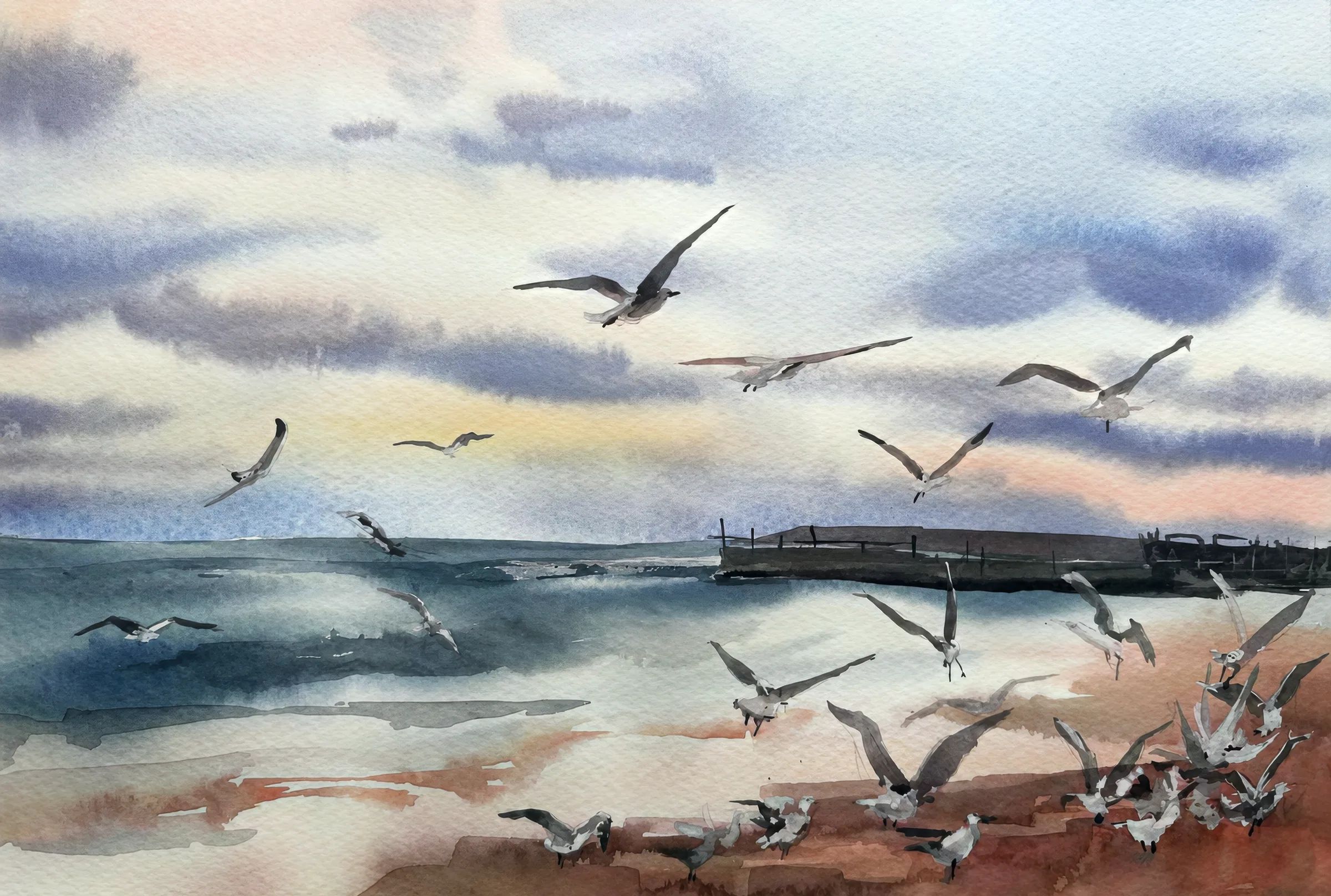 "An Evening by the Sea" — watercolour painting with flying seagulls over the sea. Ukrainian artist Viktoriia Bezugla