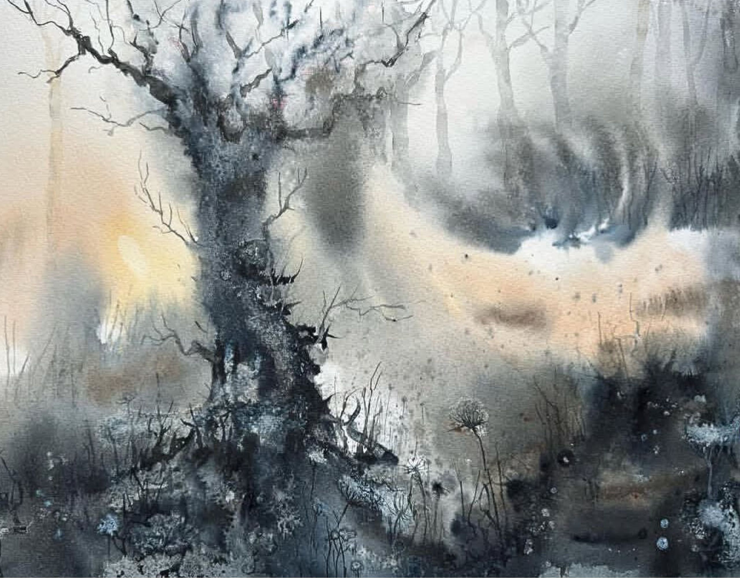 "Forest Dawn" — watercolour landscape painting of a forest at dawn, 28×41 cm. Ukrainian artist Viktoriia Bezugla