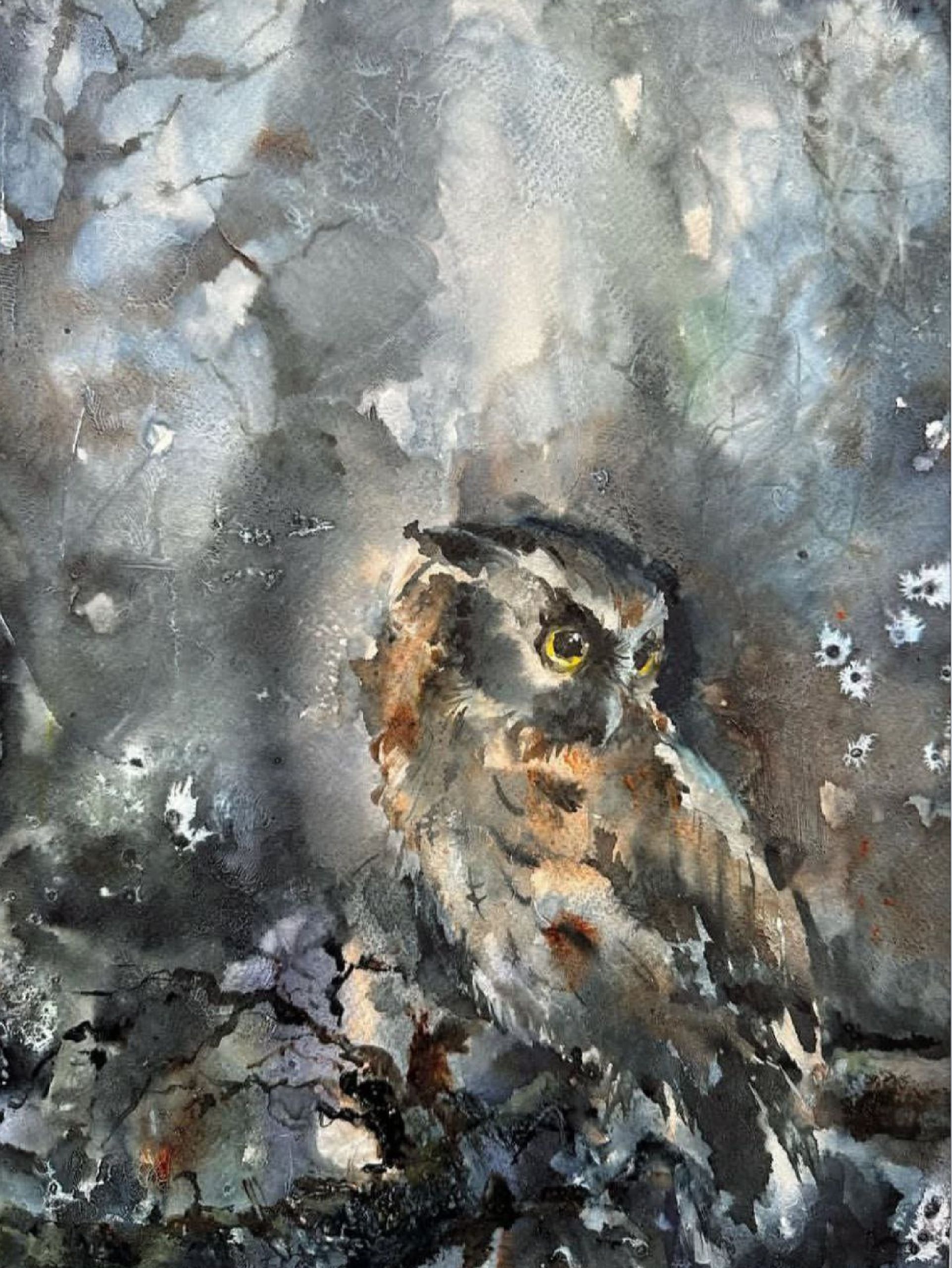 "Night Guardian" — watercolour painting of an owl at night, 38×28 cm. Ukrainian artist Viktoriia Bezugla