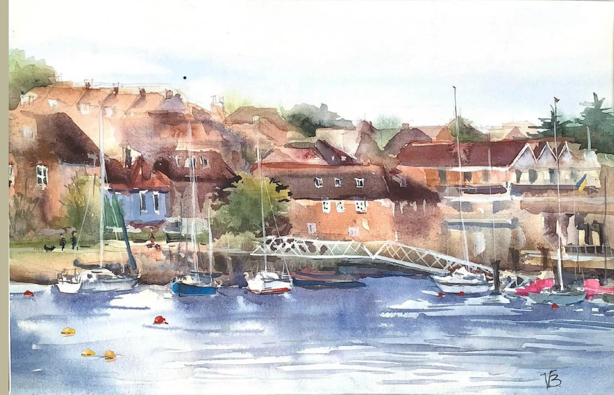 "A Quiet Morning on the Hamble" — coastal watercolour painting of boats on the River Hamble, 22×30 cm. Ukrainian artist Viktoriia Bezugla