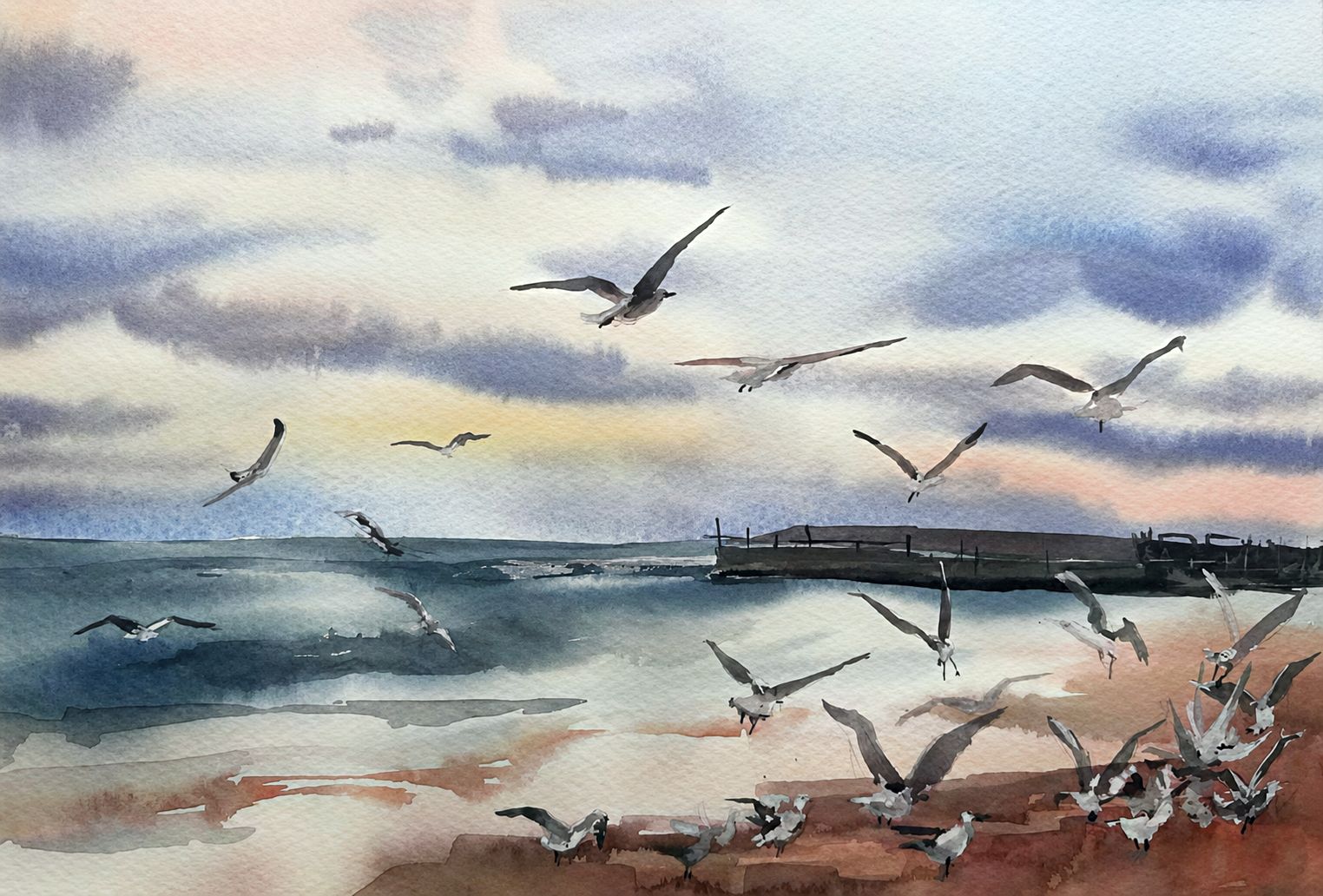 "An Evening by the Sea" — coastal watercolour painting with seagulls, 25×35 cm. Ukrainian artist Viktoriia Bezugla