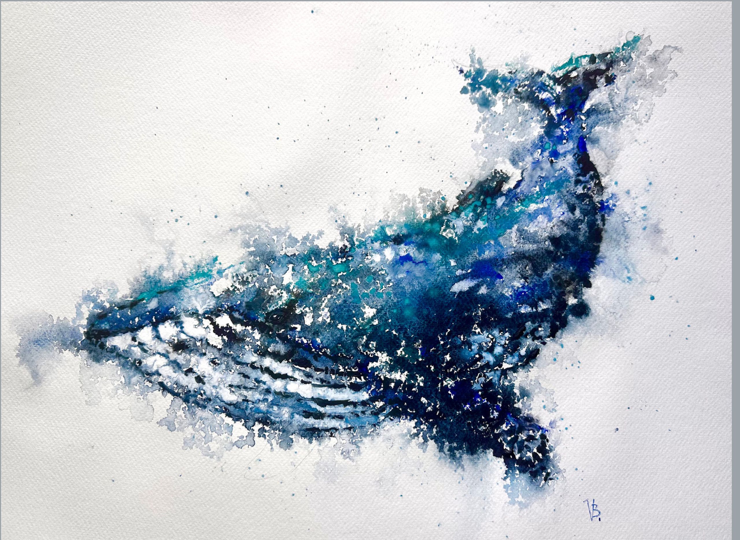 "Whale" — watercolour painting of a whale, 40×50 cm. Ukrainian artist Viktoriia Bezugla