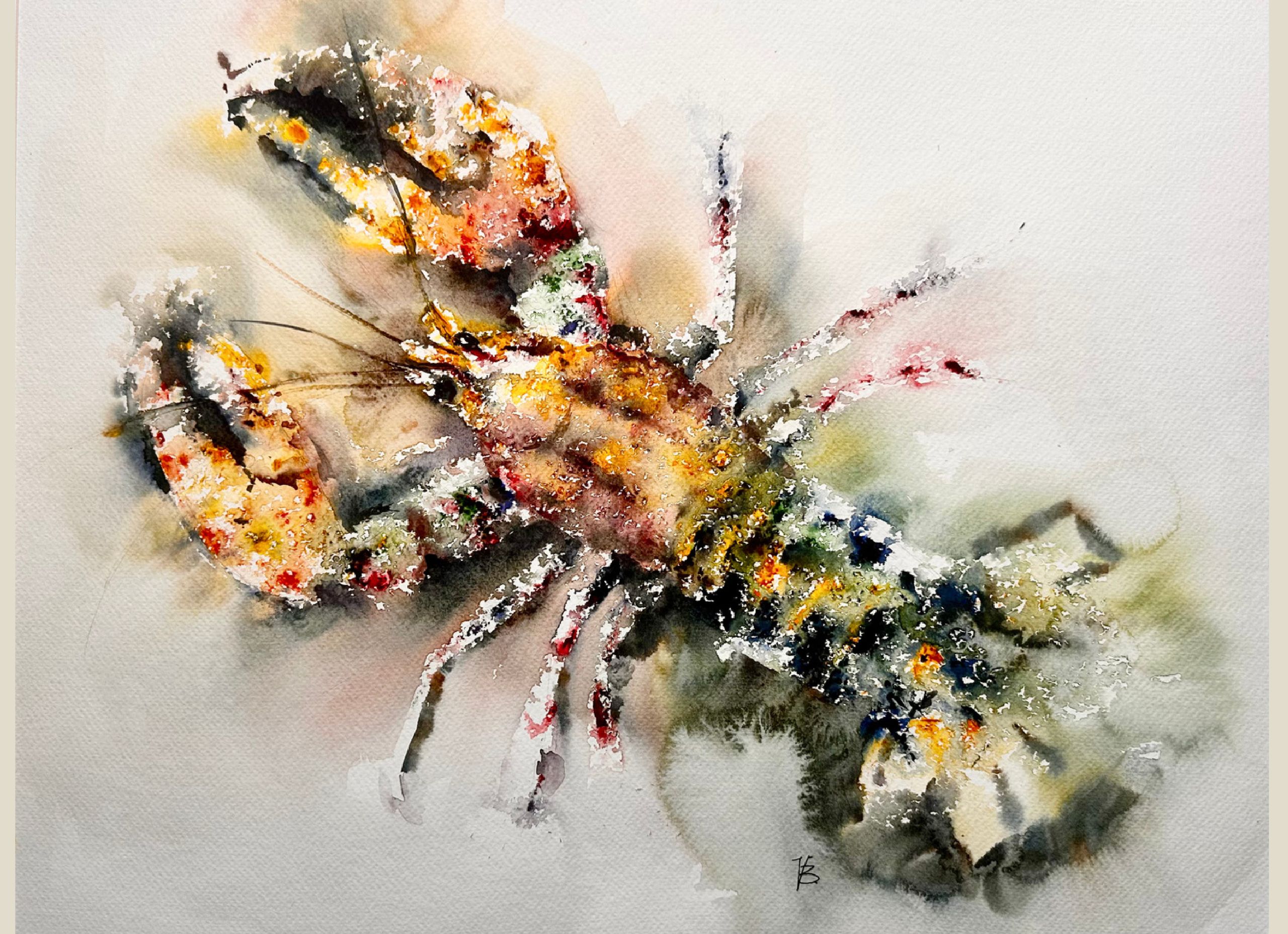 "Lobster" — watercolour painting of a lobster, 40×50 cm. Ukrainian artist Viktoriia Bezugla