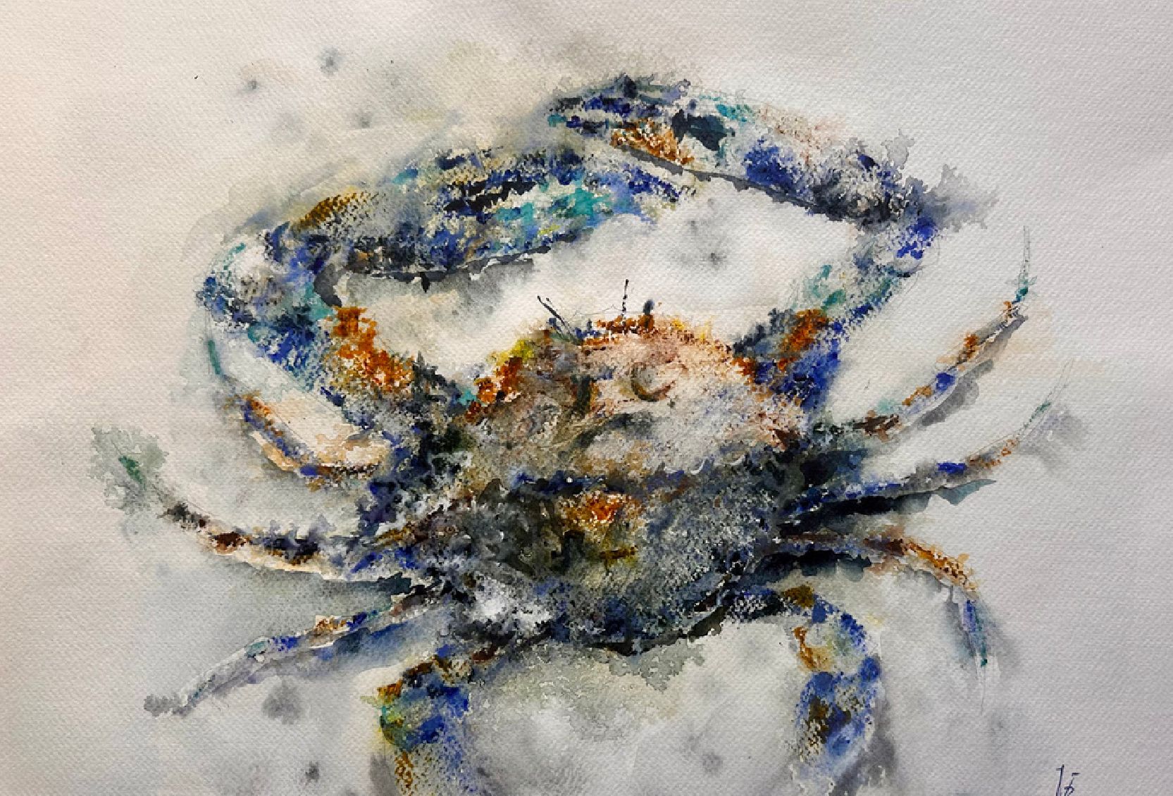 "Crab" — watercolour painting of a crab, 40×50 cm. Ukrainian artist Viktoriia Bezugla