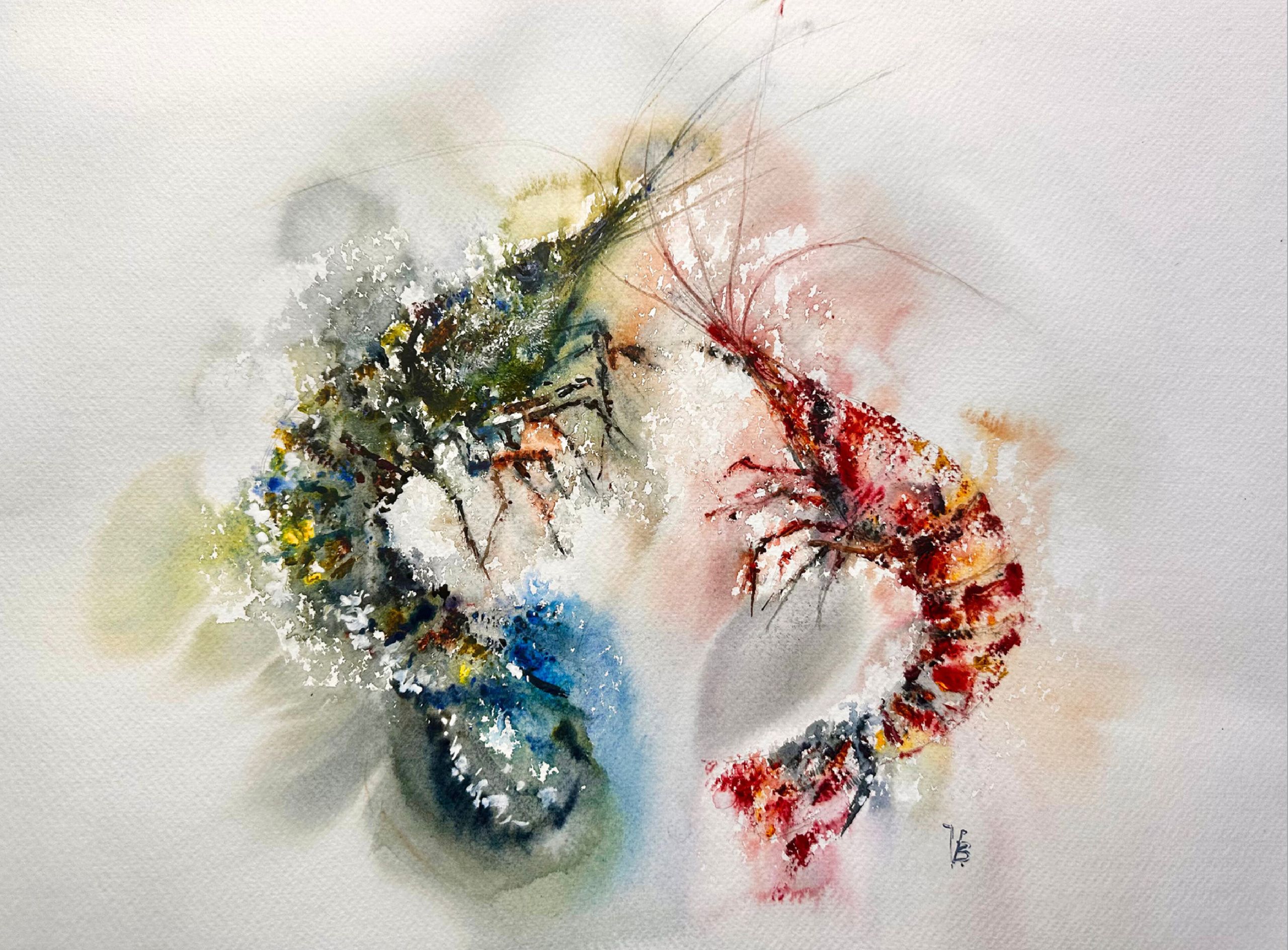 "Shrimps" — watercolour painting of shrimps. Ukrainian artist Viktoriia Bezugla