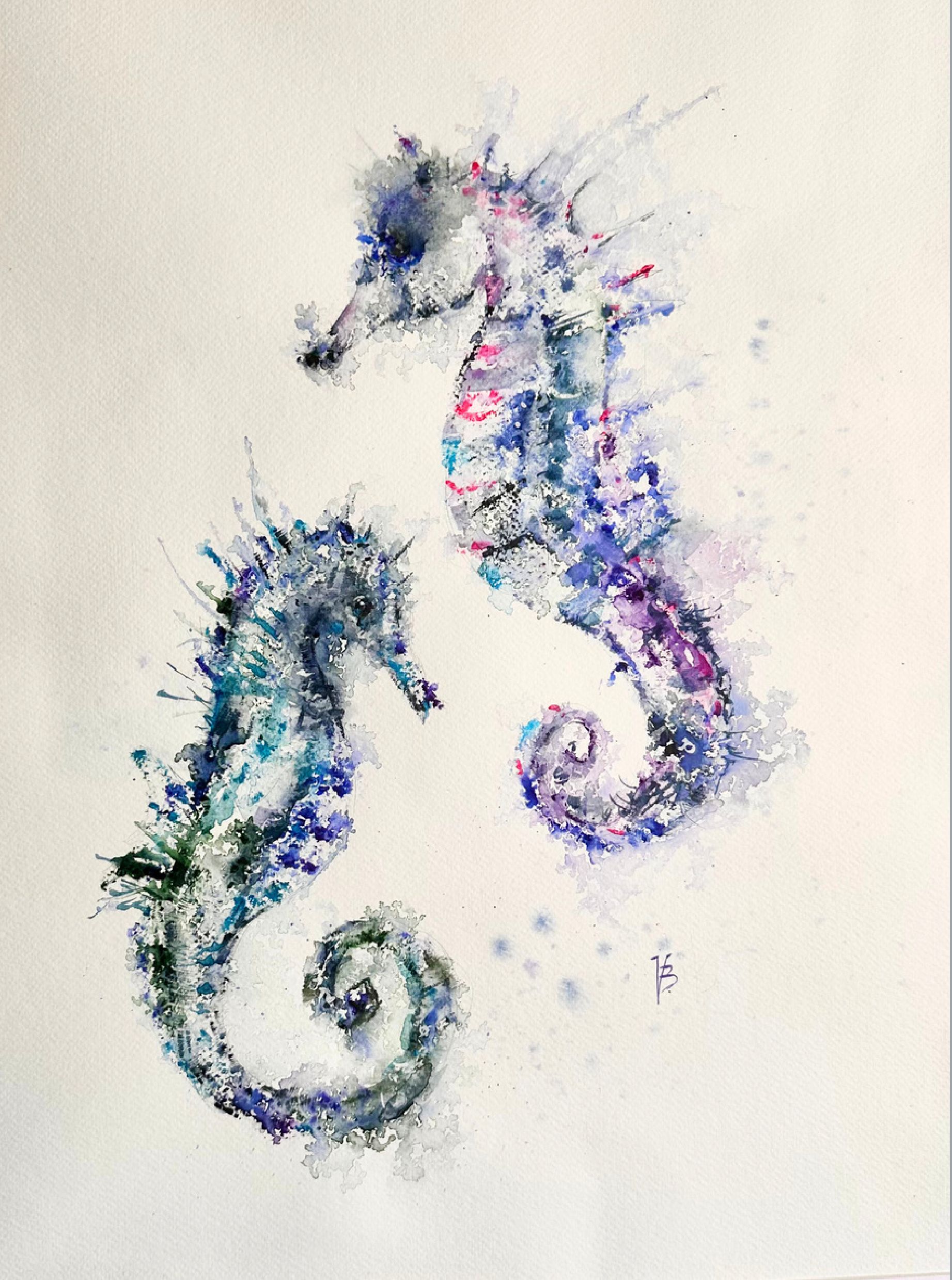 "Seahorses" — watercolour painting of seahorses. Ukrainian artist Viktoriia Bezugla