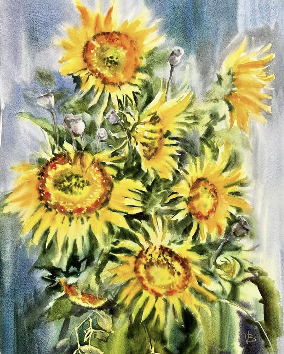 "Sunflowers" — watercolour painting of sunflowers, 56×39 cm. Ukrainian artist Viktoriia Bezugla