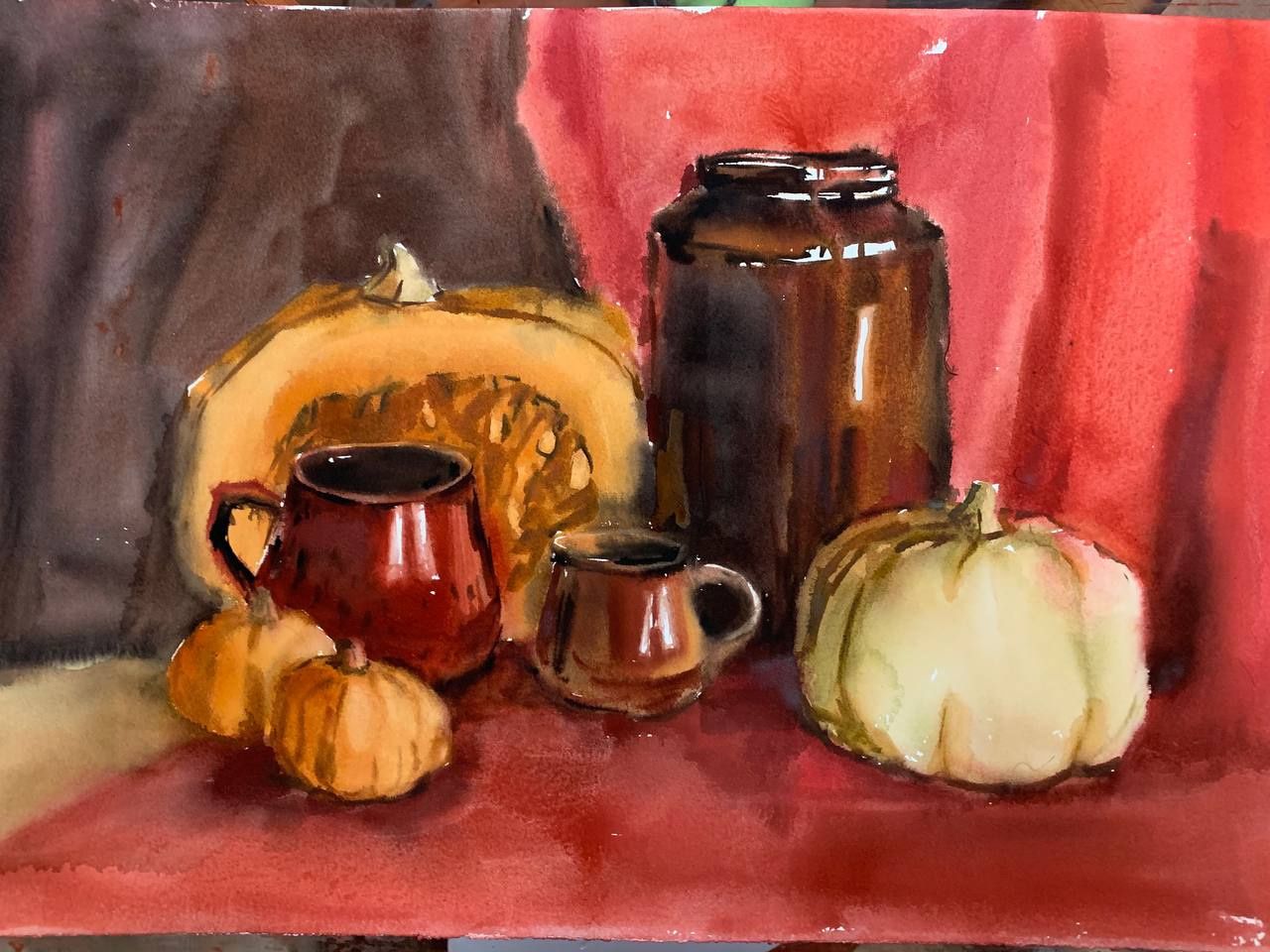 "Still Life with Pumpkins" — still life watercolour painting of pumpkins, 38×56 cm. Ukrainian artist Viktoriia Bezugla