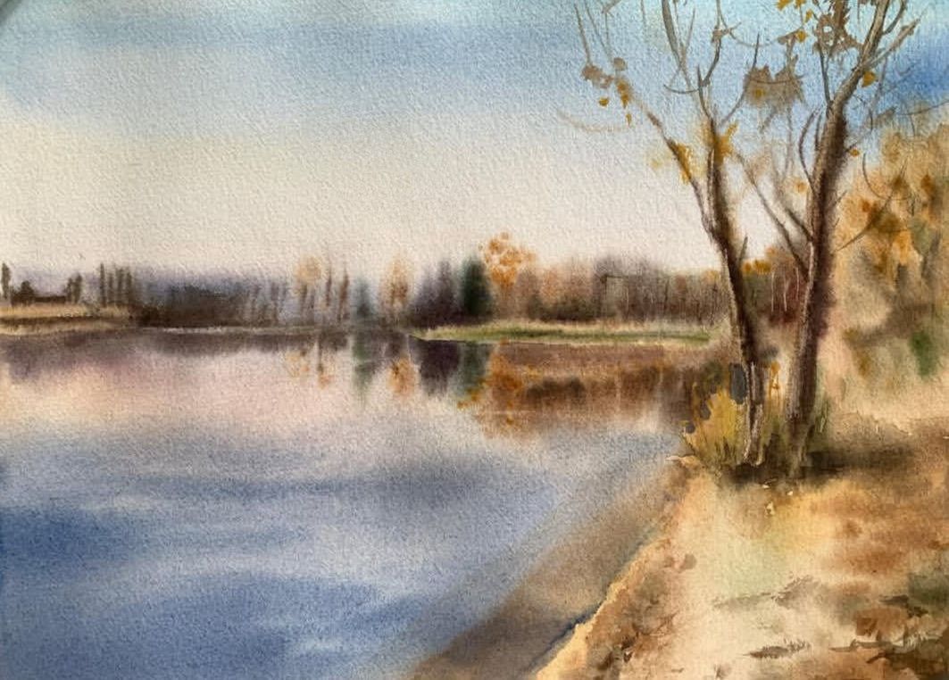 "Soft Warm Autumn" — watercolour landscape painting of an autumn scene, 29×38 cm. Ukrainian artist Viktoriia Bezugla