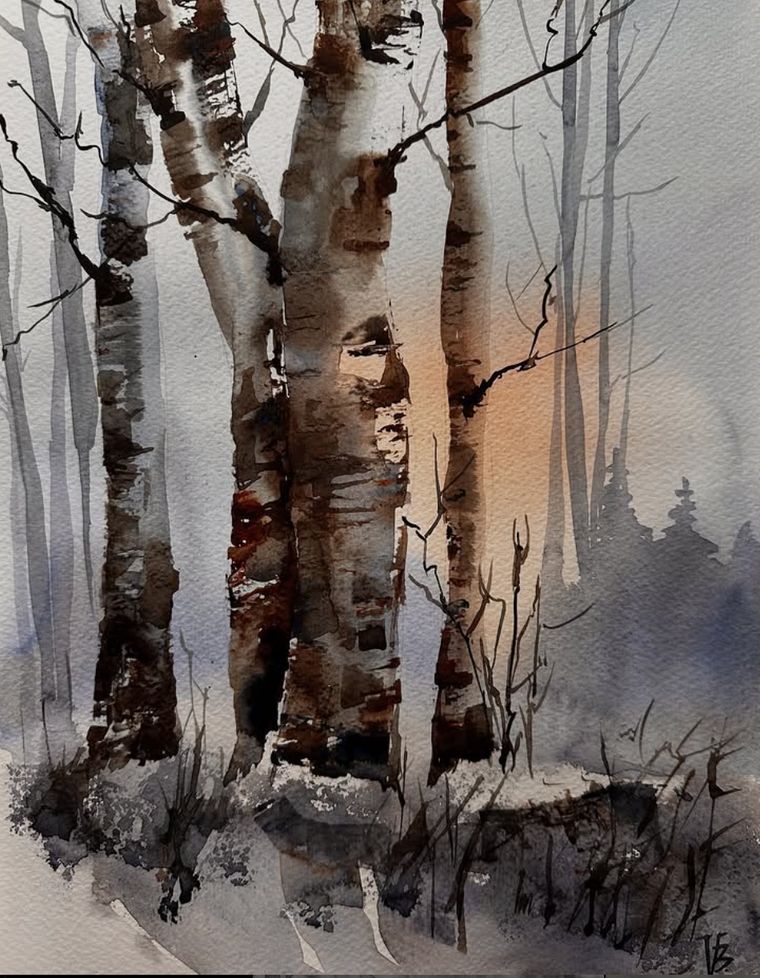 "Winter Morning" — watercolour landscape painting of a winter morning, 37×25 cm. Ukrainian artist Viktoriia Bezugla