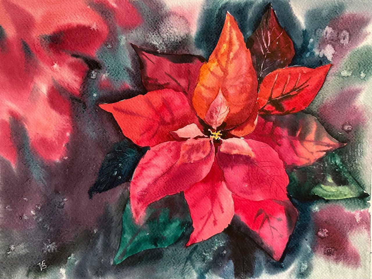 "Christmas Rose" — watercolour painting of a Christmas rose, 25×35 cm. Ukrainian artist Viktoriia Bezugla