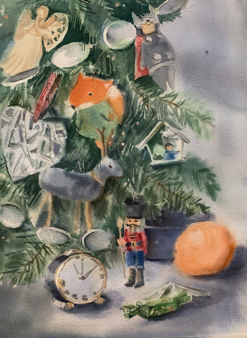 "Waiting for Christmas" — still life watercolour painting for Christmas, 40×30 cm. Ukrainian artist Viktoriia Bezugla