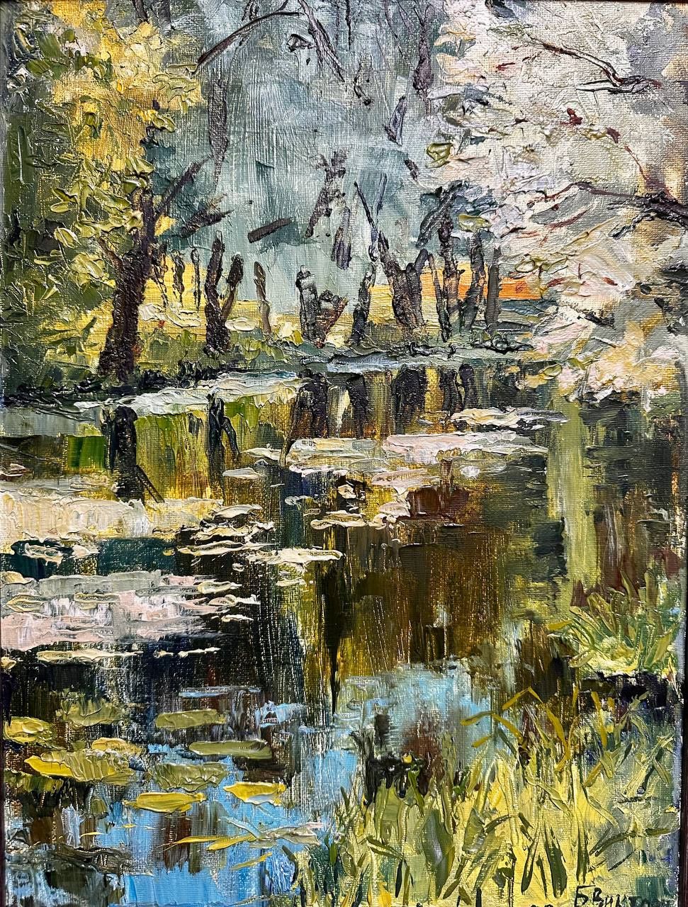 "By the River" — oil landscape painting on canvas, by a river, 40×30 cm. Ukrainian artist Viktoriia Bezugla