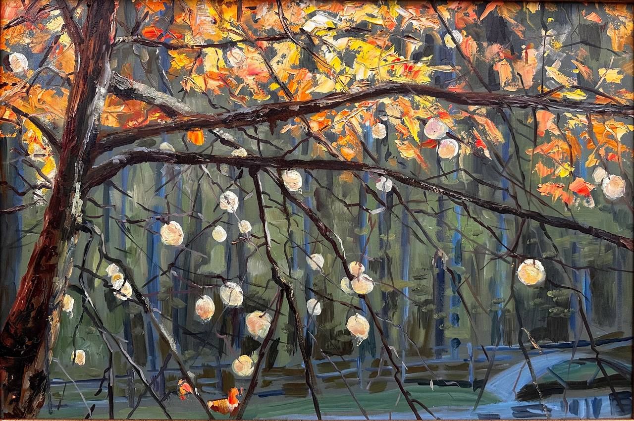 "Late Apples" — still life oil painting on canvas of apples, 40×60 cm. Ukrainian artist Viktoriia Bezugla