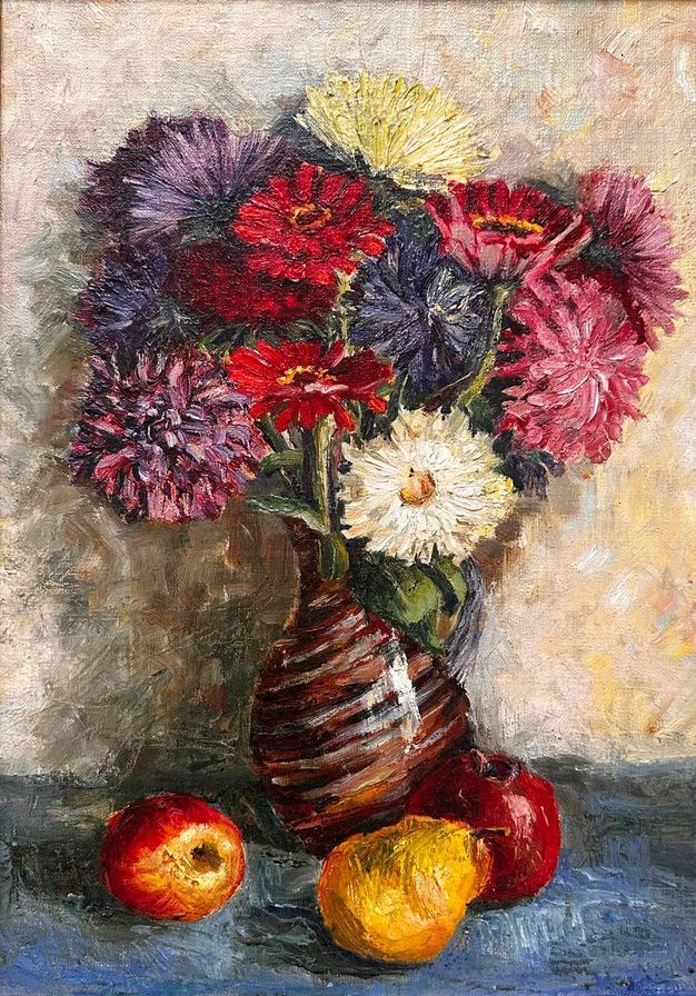"Still Life with Asters and Fruit" — still life oil painting on canvas with asters and fruit. Ukrainian artist Viktoriia Bezugla