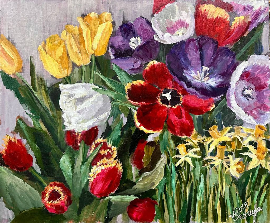 "Spring Flowers" — oil painting on canvas of spring flowers. Ukrainian artist Viktoriia Bezugla