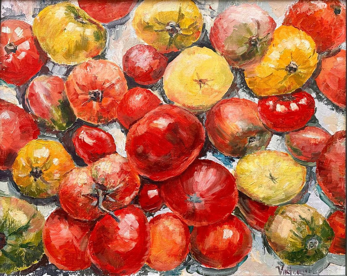 "Tomatoes" — still life oil painting on canvas of tomatoes. Ukrainian artist Viktoriia Bezugla